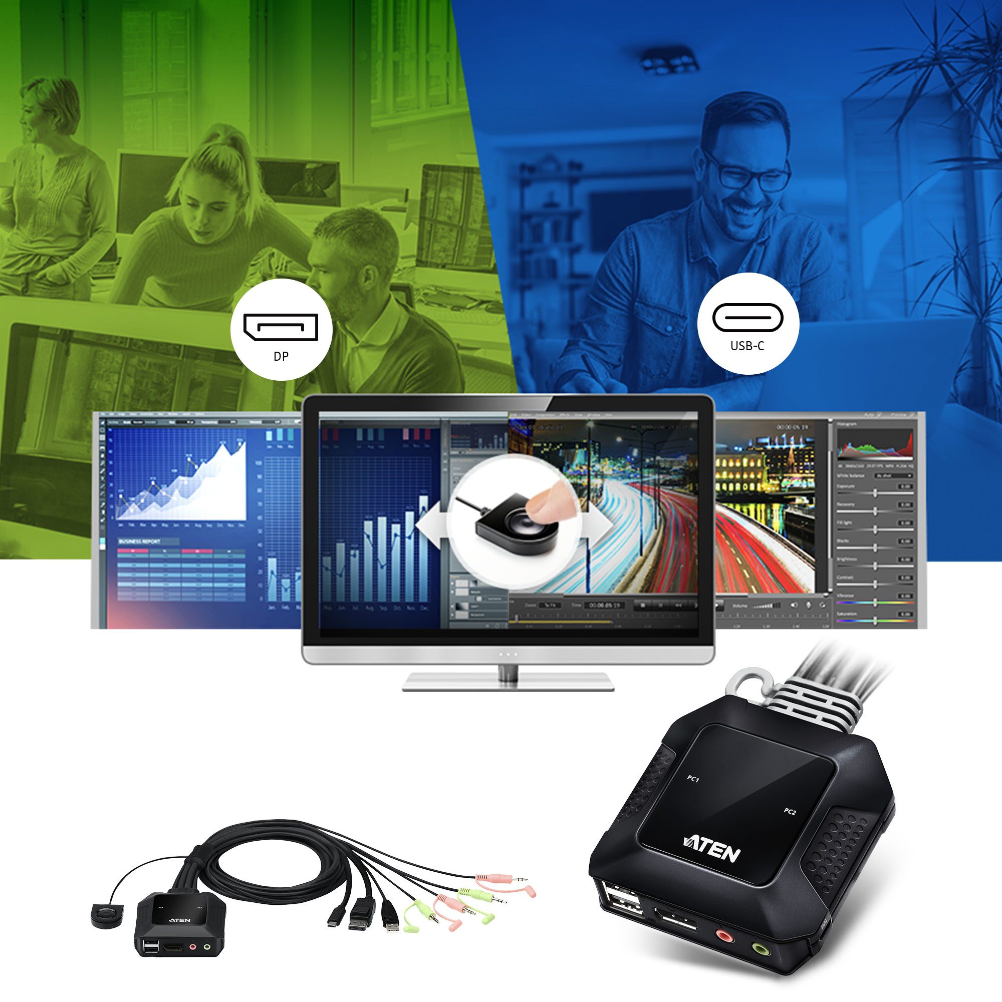 Aten 2-Port USB-C DisplayPort Hybrid Cable KVM Switch - Image 5
