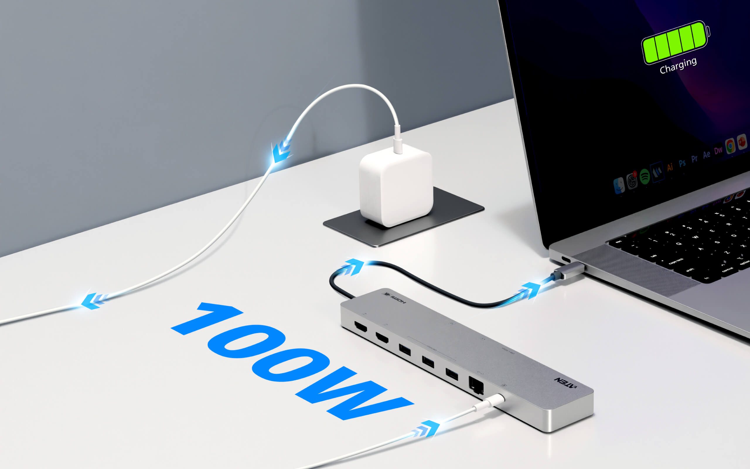 Aten 11-in-1 USB-C Multiport Dock with Power Pass-Through, 2x HDMI, 2x USB-C (1 for power delivery & 1 for data transmission), 3x USB Type-A, 1x SD, 1 - Image 3
