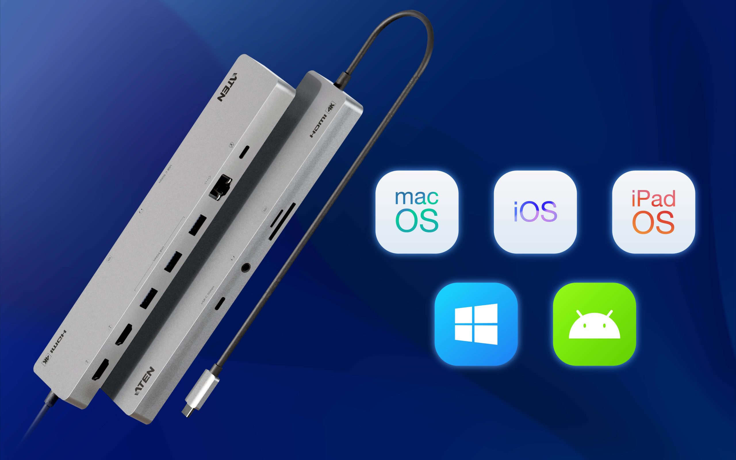 Aten 11-in-1 USB-C Multiport Dock with Power Pass-Through, 2x HDMI, 2x USB-C (1 for power delivery & 1 for data transmission), 3x USB Type-A, 1x SD, 1 - Image 6