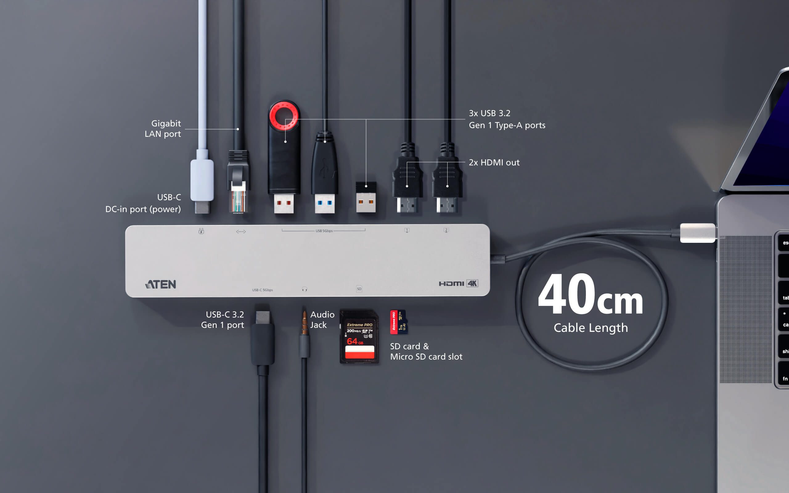 Aten 11-in-1 USB-C Multiport Dock with Power Pass-Through, 2x HDMI, 2x USB-C (1 for power delivery & 1 for data transmission), 3x USB Type-A, 1x SD, 1 - Image 7