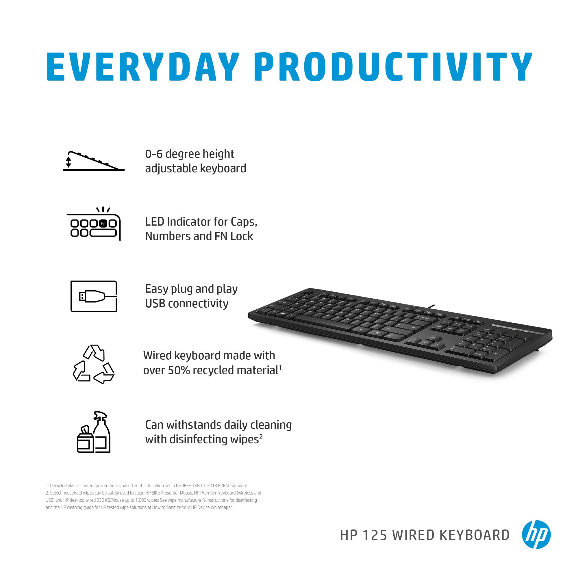 HP 125 Wired Keyboard - Compatible with Windows 10, Desktop PC, Laptop, Notebook USB Plug and Play Connectivity, Easy Cleaning 1YR WTY - Image 19