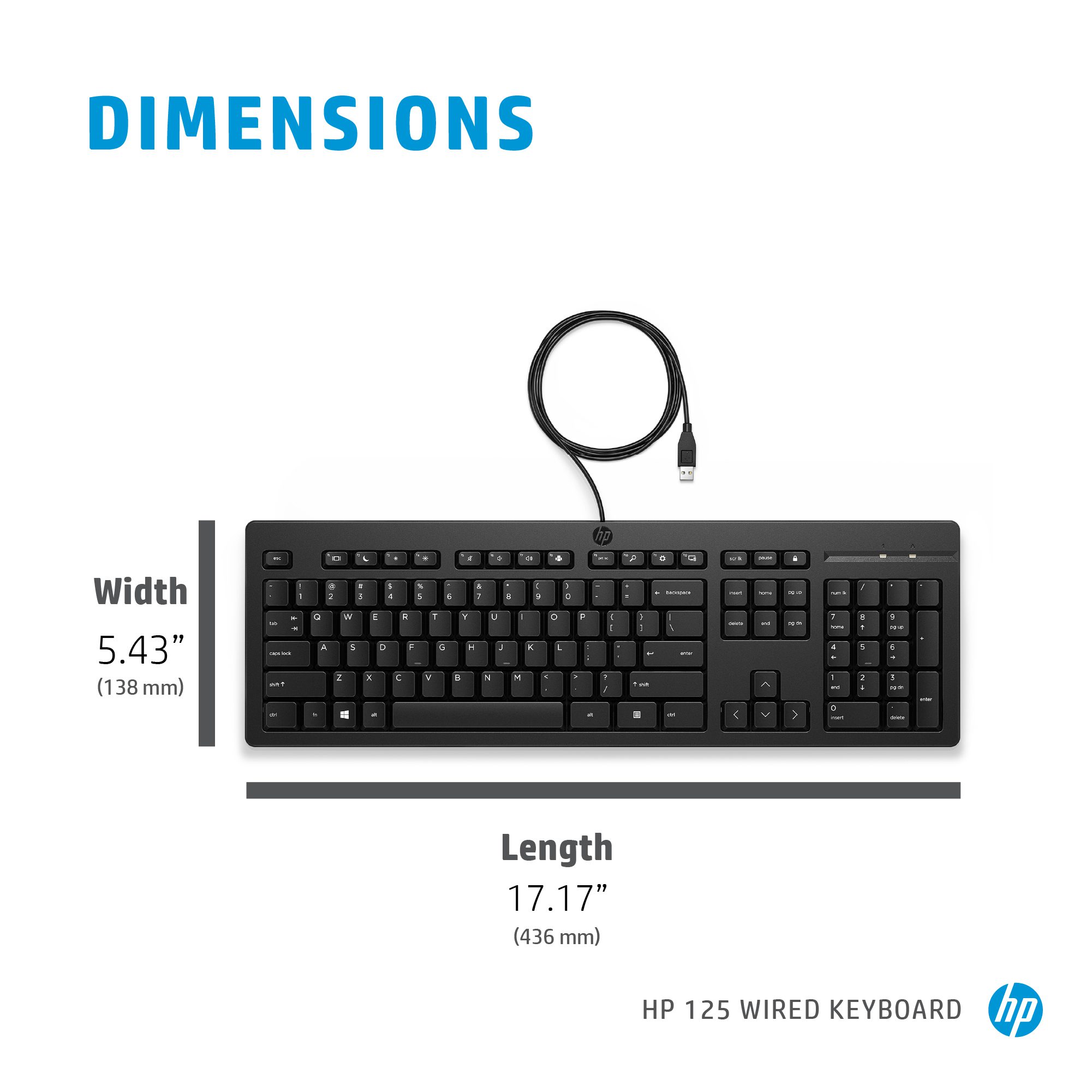 HP 125 Wired Keyboard - Compatible with Windows 10, Desktop PC, Laptop, Notebook USB Plug and Play Connectivity, Easy Cleaning 1YR WTY - Image 21