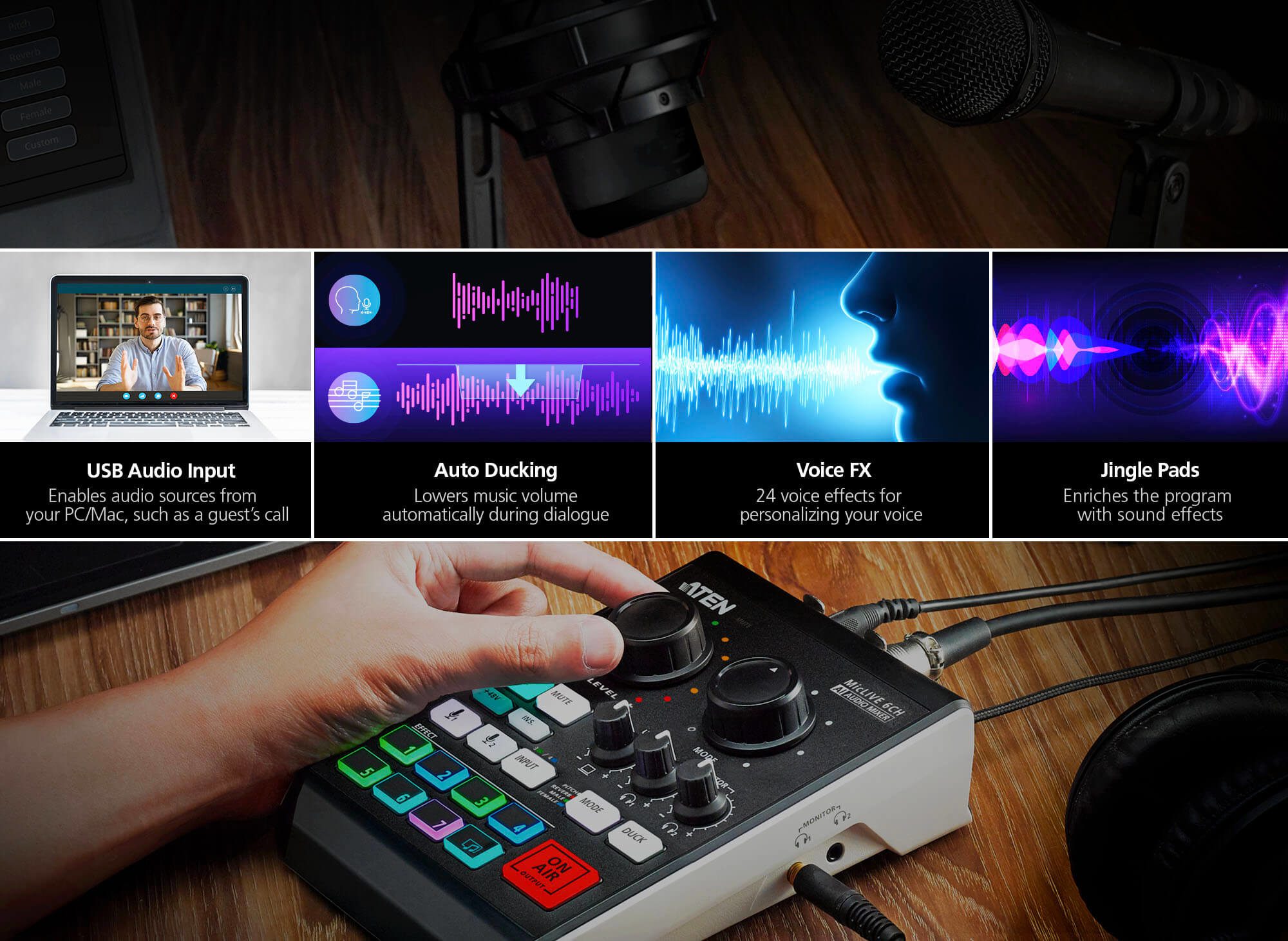 ATEN PODCAST AI AUDIO MIXER WITH 6-CH MICLIVE - Image 2