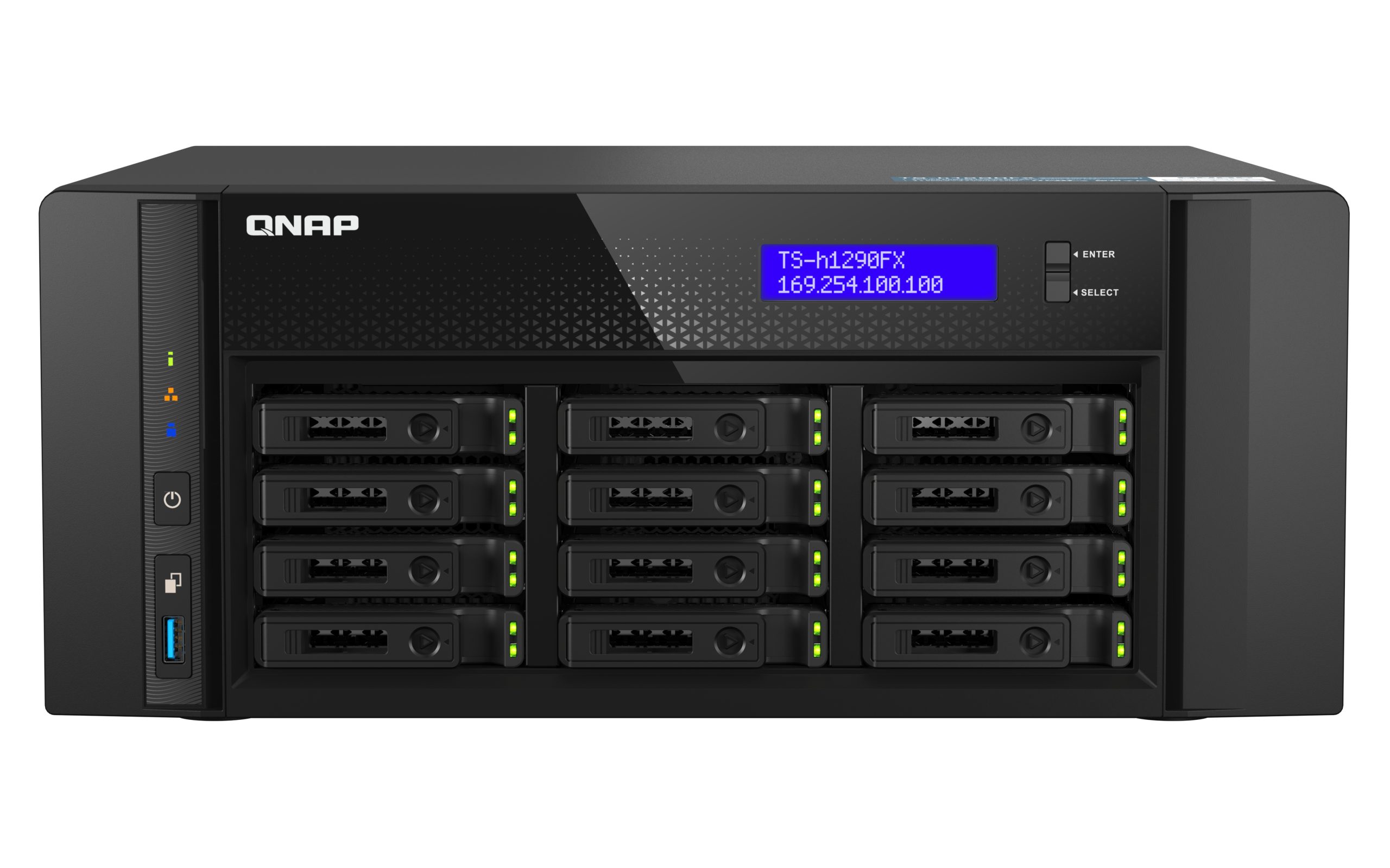 QNAP TS-h1290FX-7302P-128G, 12-Bay U.2 NVMe PCIe Gen4 x4 all-flash desktop NAS, AMD EPYC 7302P, 12 x 2.5" U.2 NVMe / SATA SSD bays, 128GB RDIMM RAM, 5 Yrs WTY