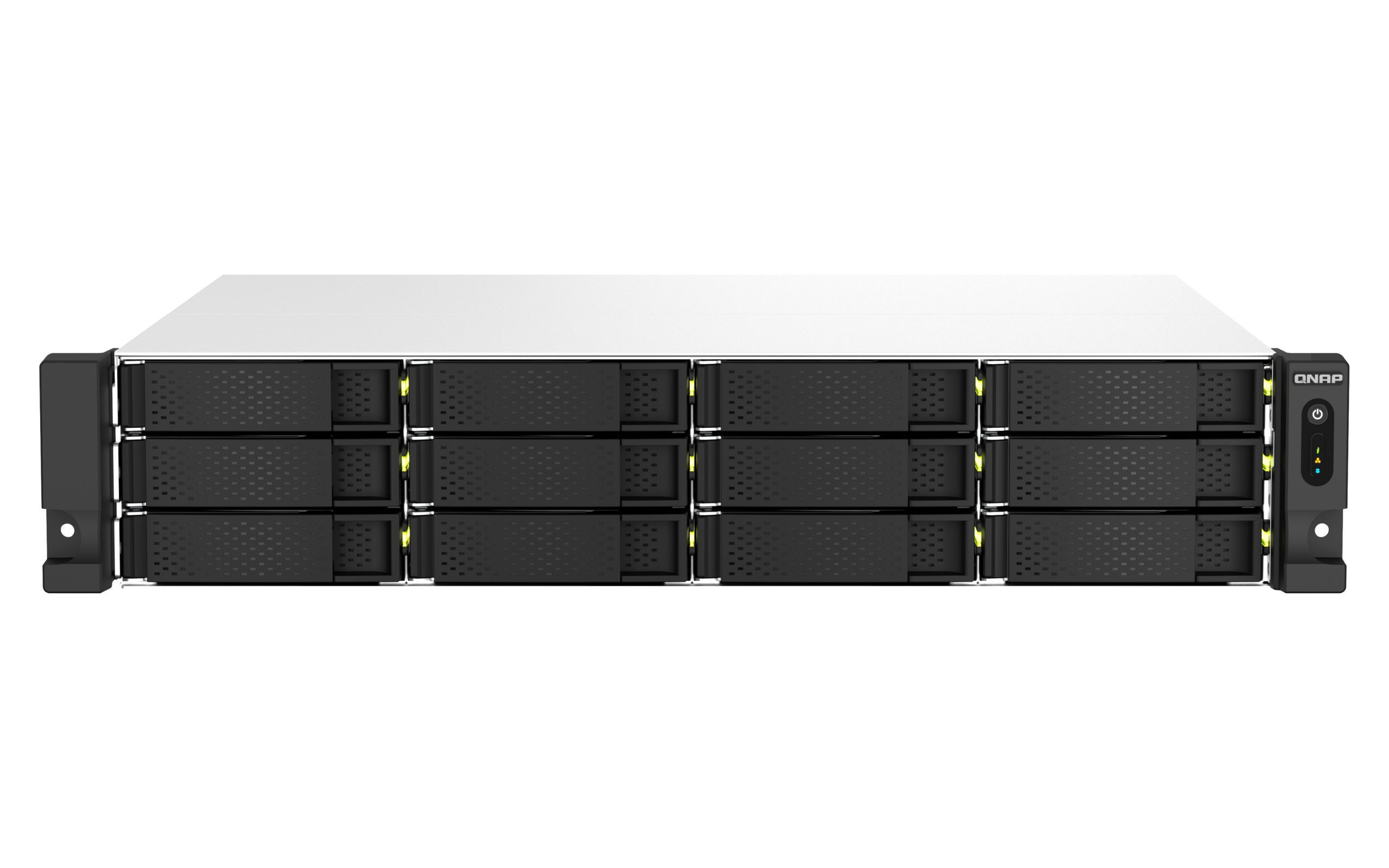 QNAP TS-1264U-RP-8G,2U 12-Bay rackmount NAS, Intel Celeron N5095 quad-core, 8 GB onboard not expandable, 12 x 3.5"/2.5" SATA 6Gb/s drive bays, 2 x 2.5GbE, 3 Yrs