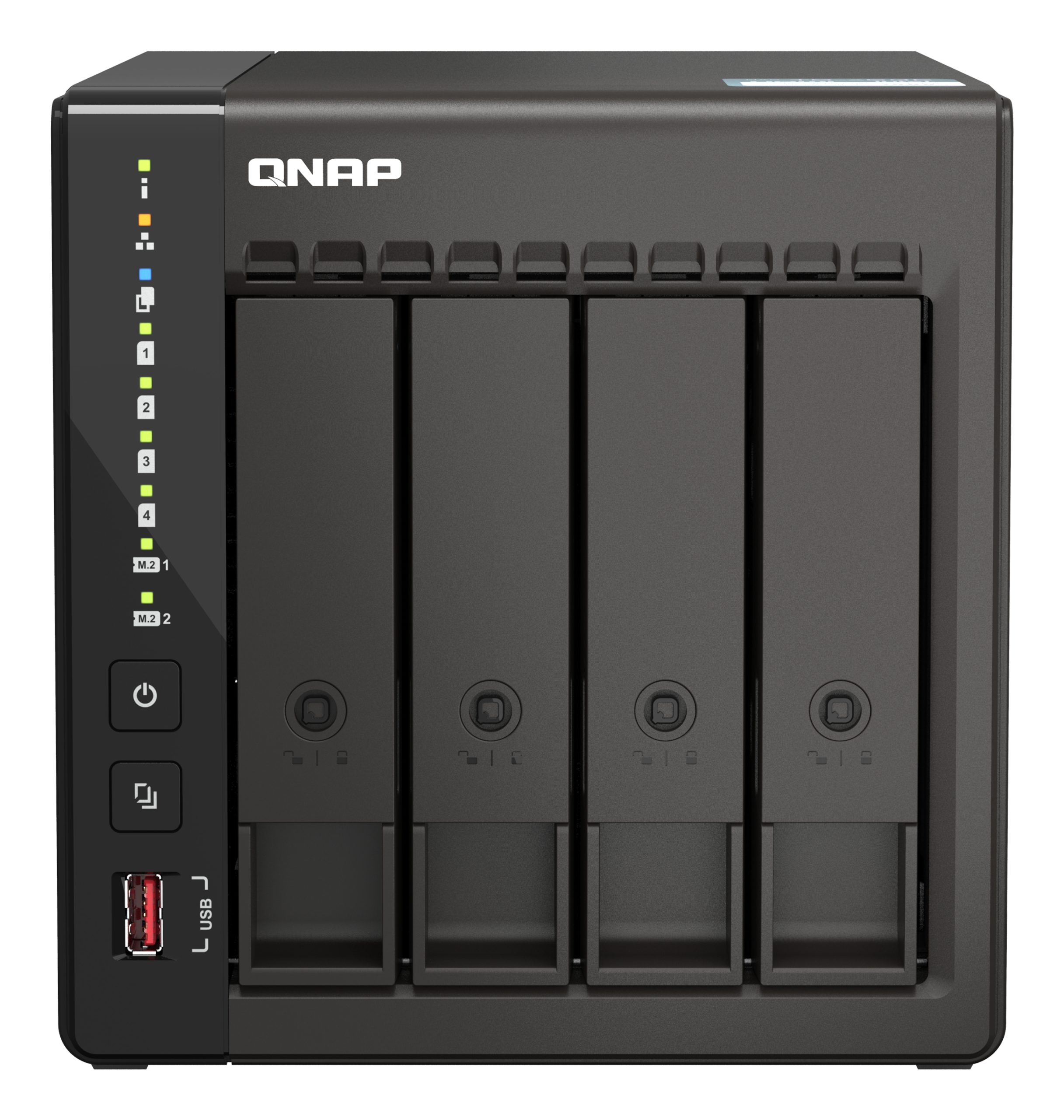 QNAP TS-453E-8G, 4-bay desktop NAS, Intel Celeron J6412 4C 2.0GHz, burst 2.6GHz, onboard 8GB RAM, 2 x HDMI 1.4b, 2x M.2 2280 PCIe slots, 2x 2.5GbE, 2 Years WTY