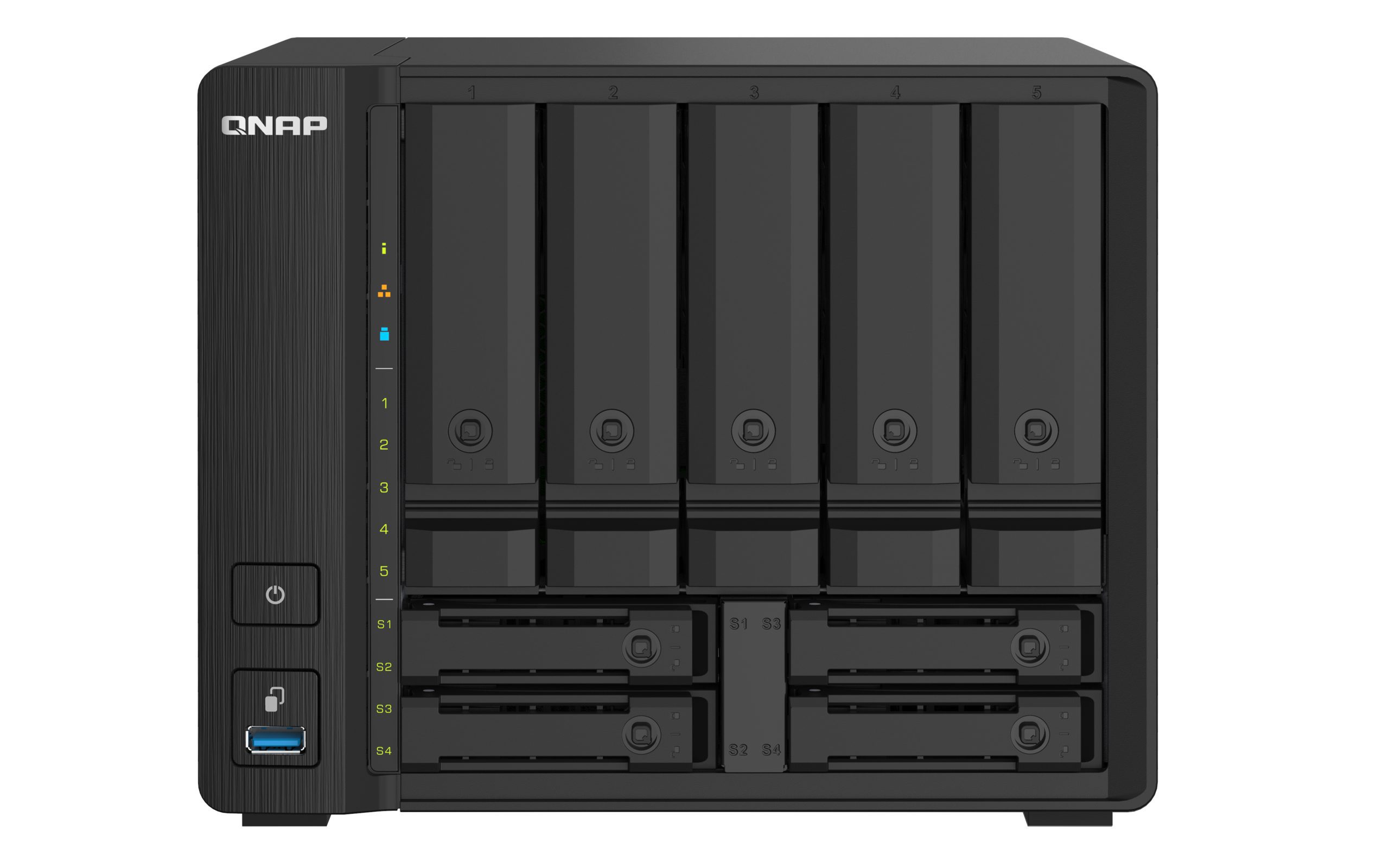 QNAP TS-932PX-4G 9-Bay NAS,AL324 64-bit quad-core 1.7GHz, 4GB DDR4 SODIMM RAM (1 RAM slot, max 16GB), 5x 3.5" and 4x 2.5" drive slots, 2x 10GbE SFP+ LAN, 2 Yr