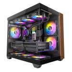 OKINOS M6 ARGB ATX Genuine Walnut Wood, Panoramic View, Type-C, 4 x120mm ARGB & PWM Fans included,Tempered Glass Side Panel, Black, Case