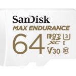 SanDisk Max Endurance 64GB microSD 100MB/s 40MB/s 20K hrs 4K UHD C10 U3 V30 -40°C to 85°C Heat Freeze Shock Temperature Water X-ray Proof SD Adapter