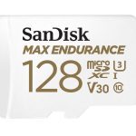 SanDisk Max Endurance 128GB microSD 100MB/s 40MB/s 20K hrs 4K UHD C10 U3 V30 -40°C to 85°C Heat Freeze Shock Temperature Water X-ray Proof SD Adapter
