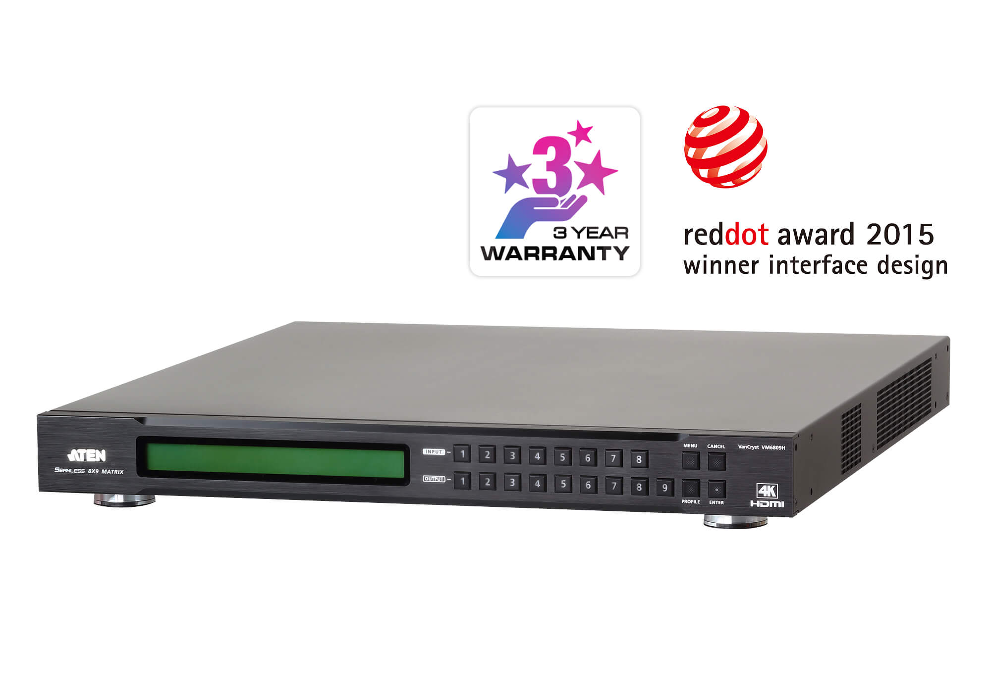 Aten Professional Matrix 8x9 4K HDMI Matrix with Scaler, Seamless Switch, control via front-panel pushbuttons, IR remote and RS232 control - Image 2