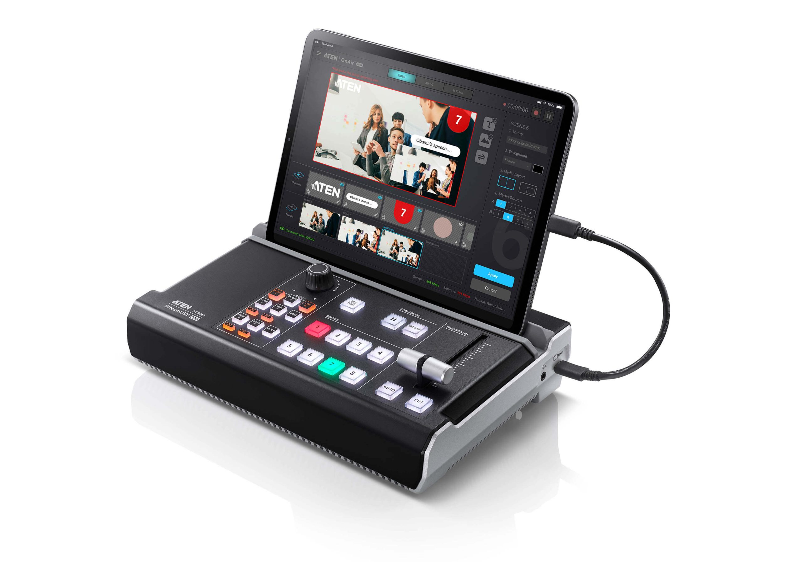 Aten UC9040 StreamLIVE™ PRO All-in-one Multi-channel AV Mixer. Preset up to 8 scenes, DVE video transition effects, a storyboard like management - Image 3