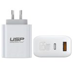 USP 65W Dual Port GaN Fast Wall Charger - White, 1xUSB-C(45W PD), 1xUSB-A(18W QC 3.0), Intelligent PPS Technology, 2 Years Warranty