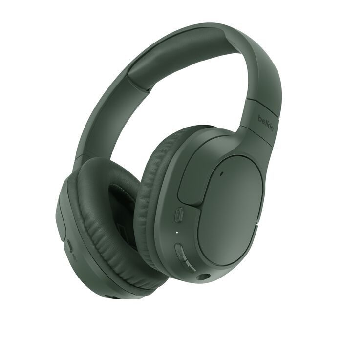Belkin SoundForm Surround Wireless Over-The-Ear Headphones + USB-C Cable (1.2M) + Audio Cable (3.5mm) (1.2M) - Olive (AUD009FQOL), 2 Years Warranty