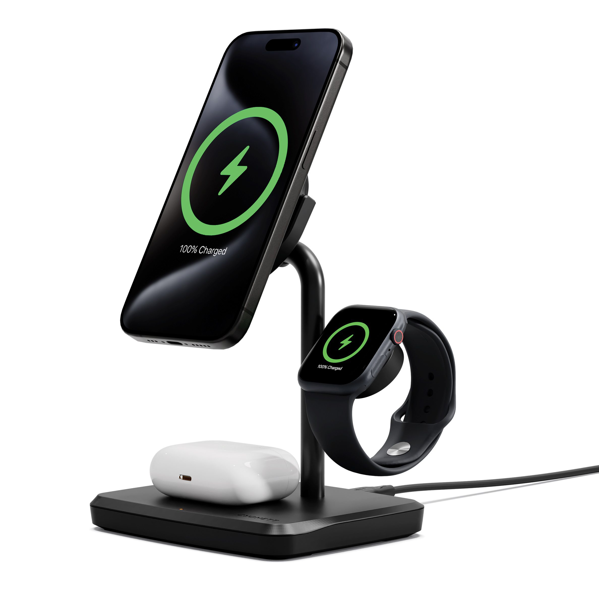 Cygnett ChargeBase Qi2 3-in-1 Magnetic 15W Wireless Charger-Black(CY5069BUNCP),1.2M USB-C Cable,5W Watch Charger, 180° Swivel Head,2 Years Warranty