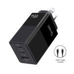 Oxhorn 65W GaN Type C fast Charger 3 Port 2xUSB-C 1xUSB-A PD3.0 QC4.0 PPS AUS Approved C-tick Black with 1m cable