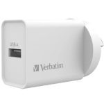 Verbatim USB Charger Single Port 2.4A - White Single Port Wall Charger Rohs, CE, Apple, Android, tablet, Handheld. OC, OV, SS, OT, Fire Resistant.