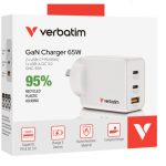 VERBATIM GAN CHARGER 3 PORT 65W USB A/C