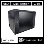LDR Assembled 9u Hinged Wall Mount Cabinet (600mm X 550mm) Glass Door – Black Metal Construction – Top Fan Vents – Side Access Panels (WB-DS65090NB)