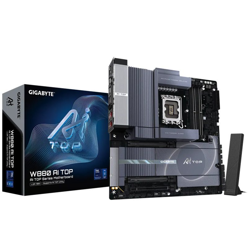 Gigabyte W880 AI TOP, LGA1851, W880, DDR5 256GB, PCIe5.0x16+x8, 4xM.2, 8xSATA, TB5x2, 10GbE x2, Wi-Fi7, BT5.4, HDMI, ECC, XMP, E-ATX
