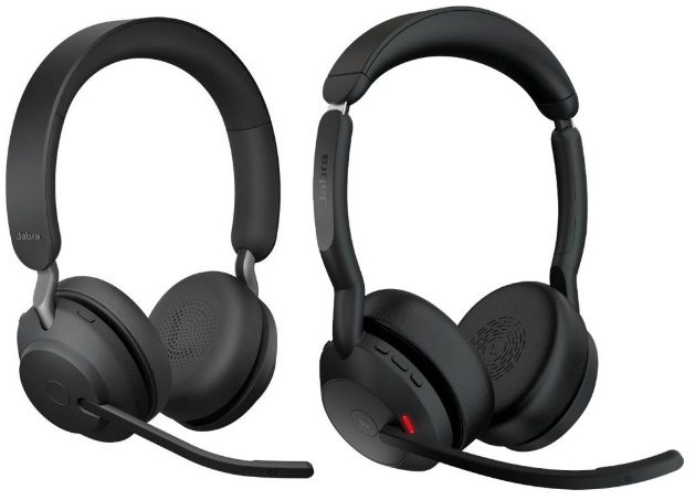 Jabra Evolve2 series headsets a"Business professional using a Jabra headset for a Microsoft Teams meeting