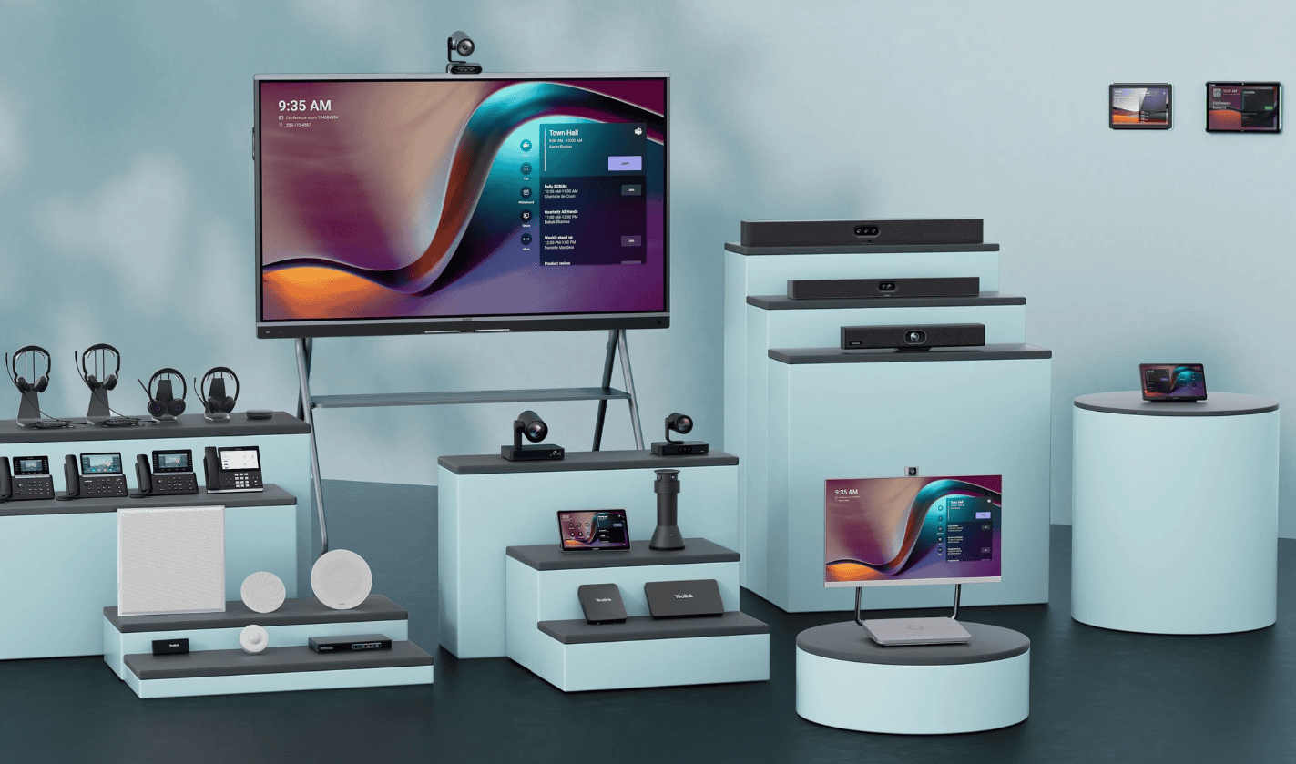 Side-by-side Yealink and AudioCodes devices in an enterprise meeting room setup